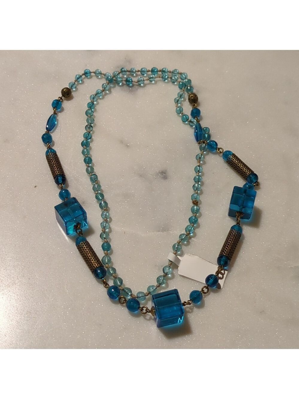 Antique Czechoslovakian Beaded Necklace Blue Glass Beads Art Deco Square
